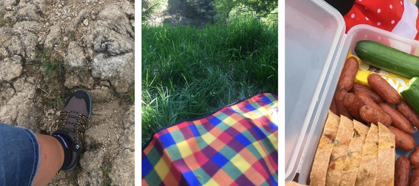 Collage Wanderschuhe, Decke, Brotzeit