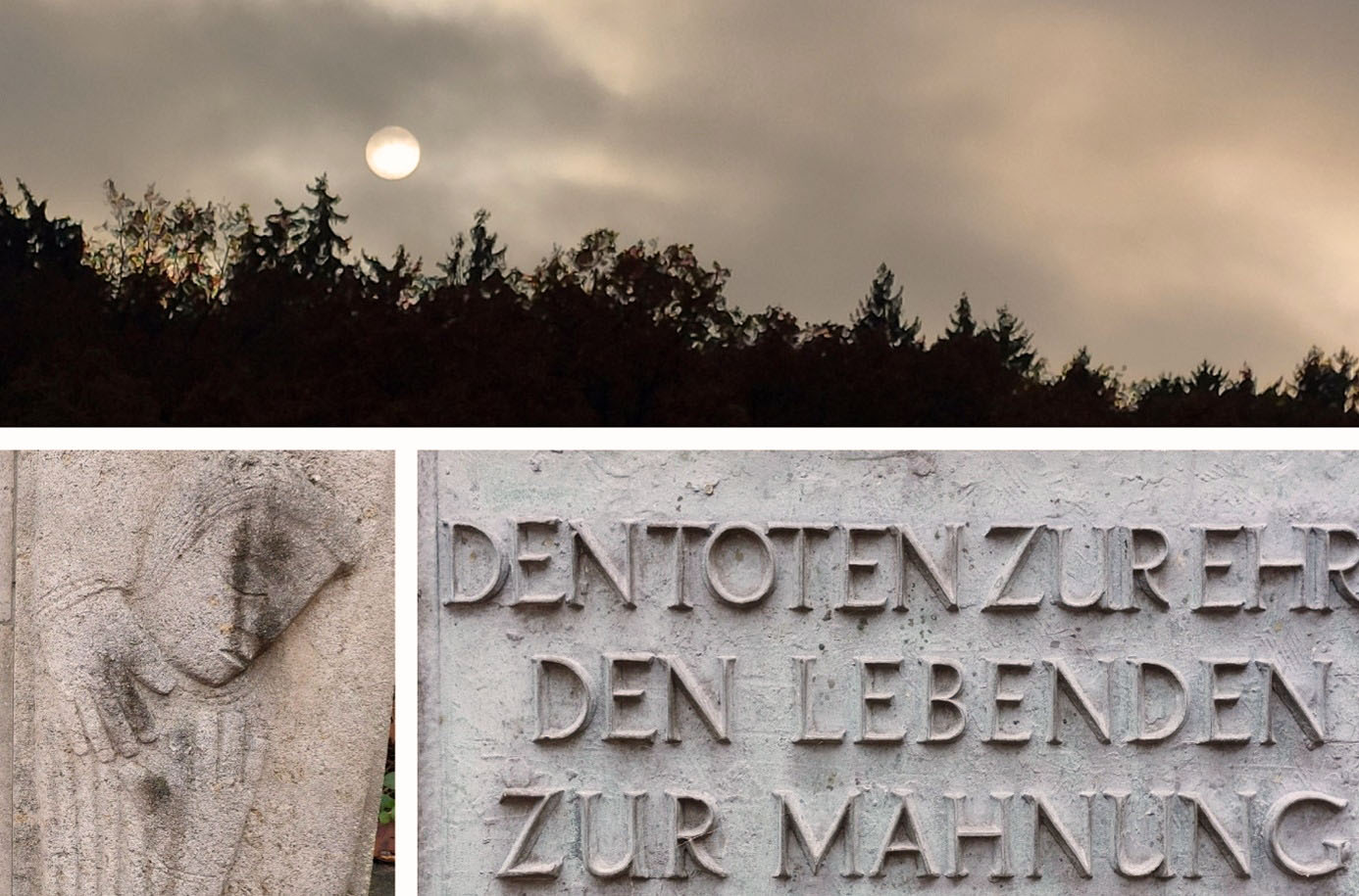 Collage mit Wald und Mond Gestalt im Stein und Mahnmahl