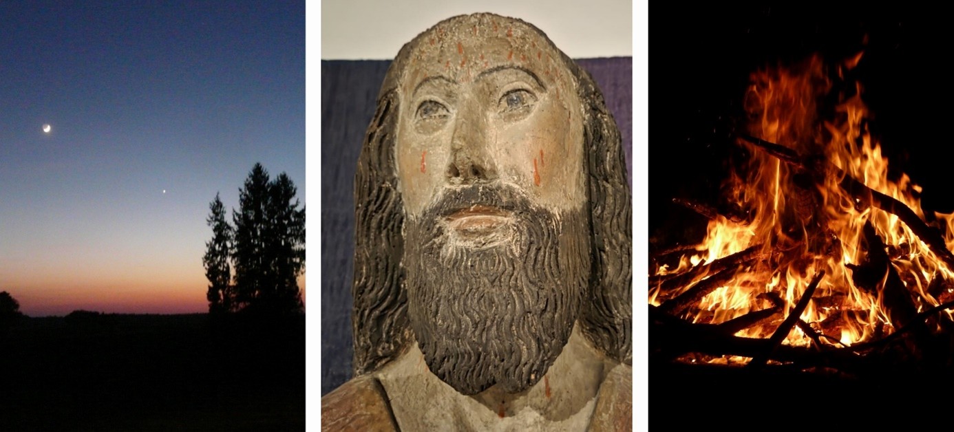 3 er Collage Nachthimmel mit Baum Gesicht Jesus und Osterfeuer