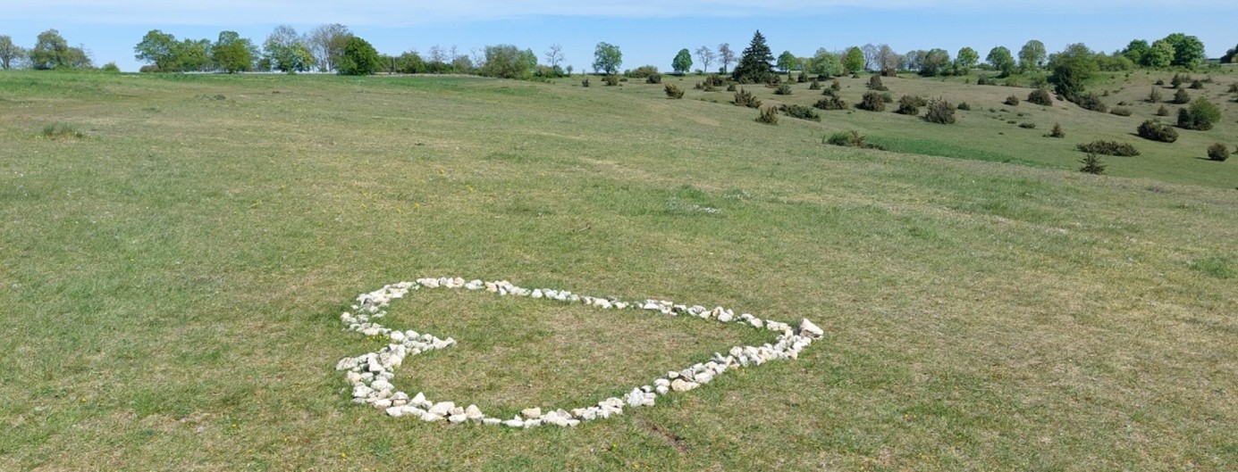 Große Wiesenlandschaft mit Herz aus Steinen