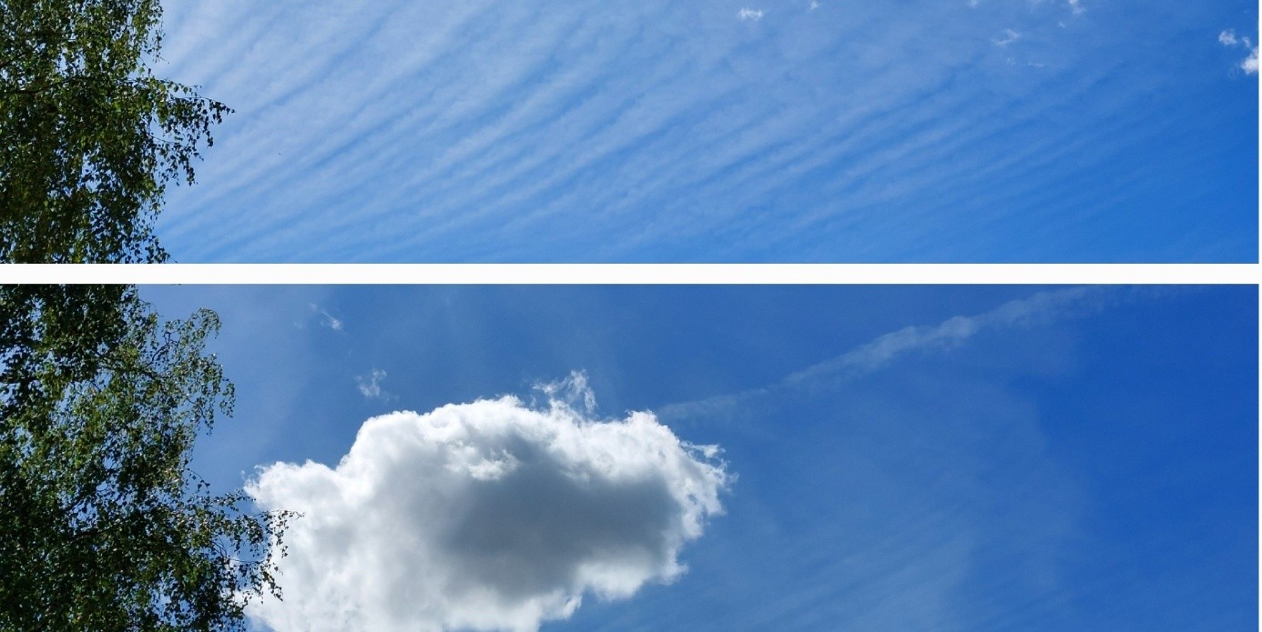 2 er Collage knubbelige Wolke und Wolkenwellen
